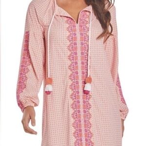 Cabana Life Orange & Pink Printed Boho Tunic Dress/Cover-Up with Tassel Ties